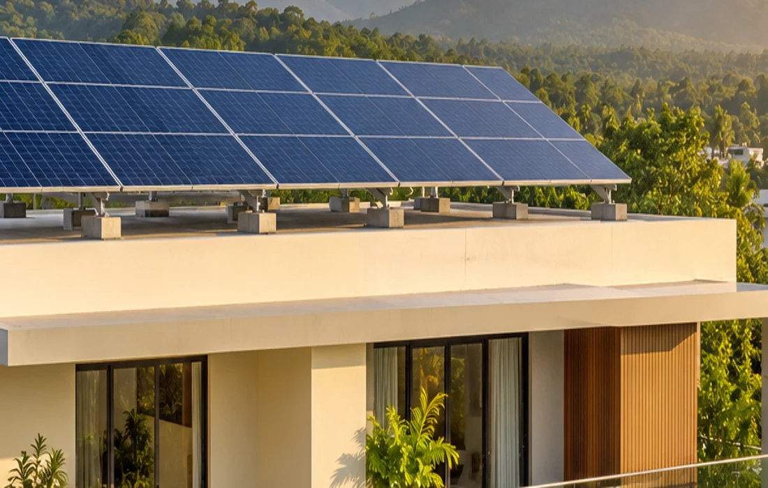Close view of rooftop photovoltaic panels