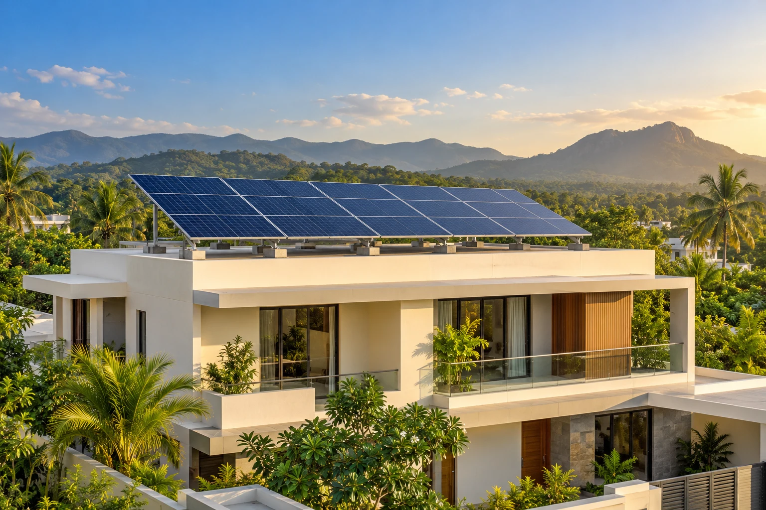 Modern home with a rooftop solar panel array surrounded by greenery